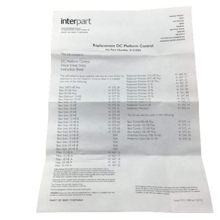 Baxi Main Potterton HE Platinum Solo Promax Electronic Control PCB 5121025