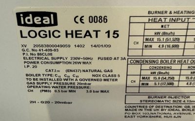 Data label from Ideal Logic boiler